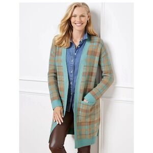 TALBOTS Blue,Brown Bird's Eye Plaid Open Front Cardigan Plus Size 1X‎ Long Line